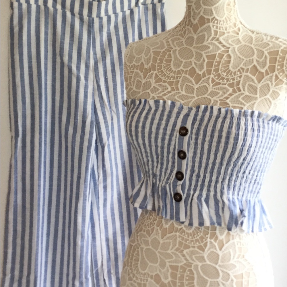 SHEIN Strapless  Blue White Striped  Top Pants Set - Picture 5 of 8